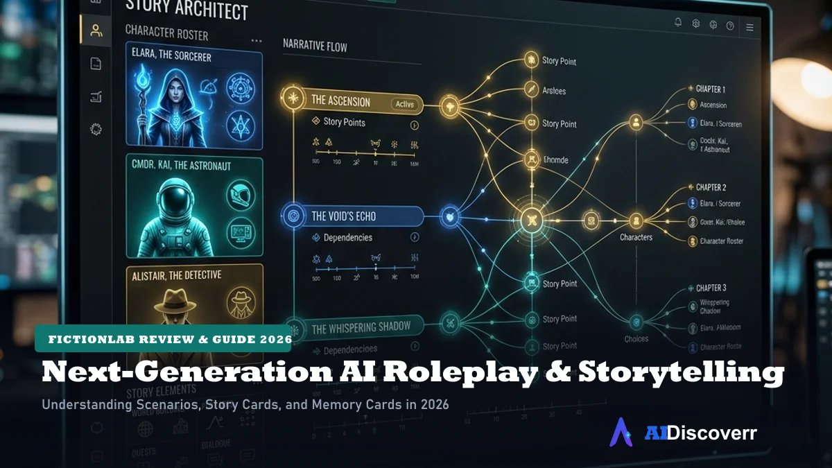 FictionLab AI Review 2026 — Platform Interface FictionLab AI review 2026 showing the platform's writing interface and scenario controls