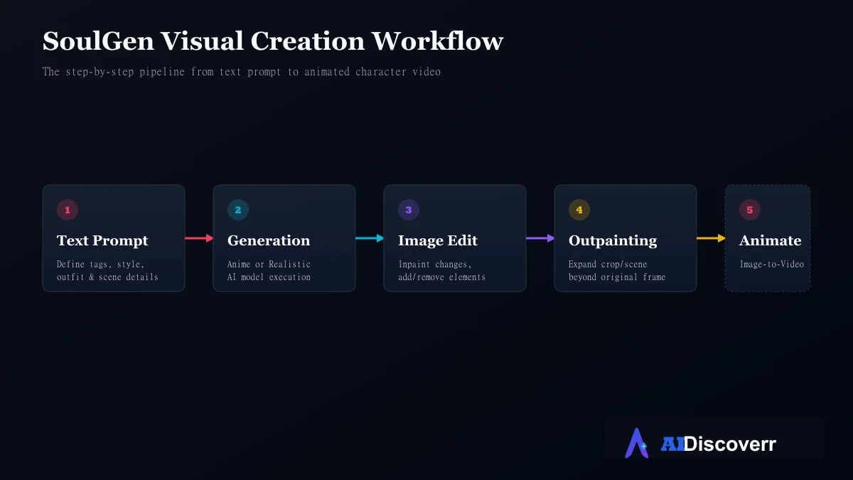 SoulGen AI Workflow SoulGen AI character creation and visual editing workflow pipeline