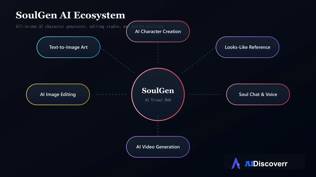 SoulGen AI Product Ecosystem SoulGen AI visual creator and companion chat ecosystem map