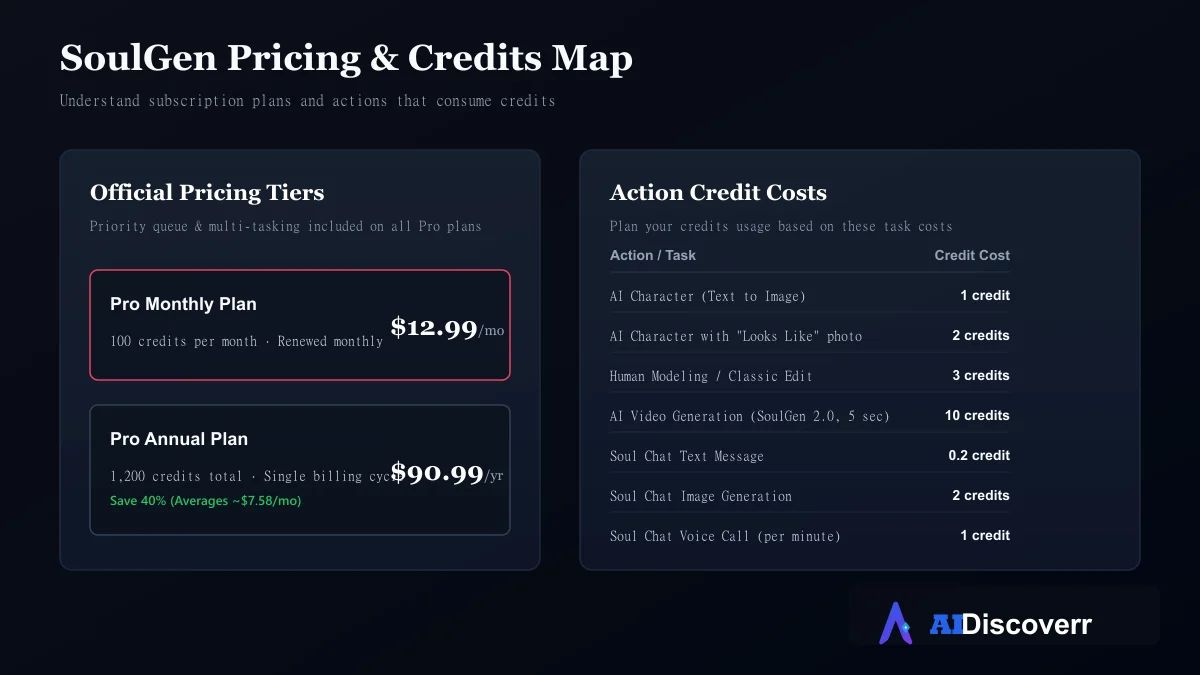 SoulGen Pricing and Credit Maps SoulGen AI Pro subscription pricing tiers and credit cost per action comparison